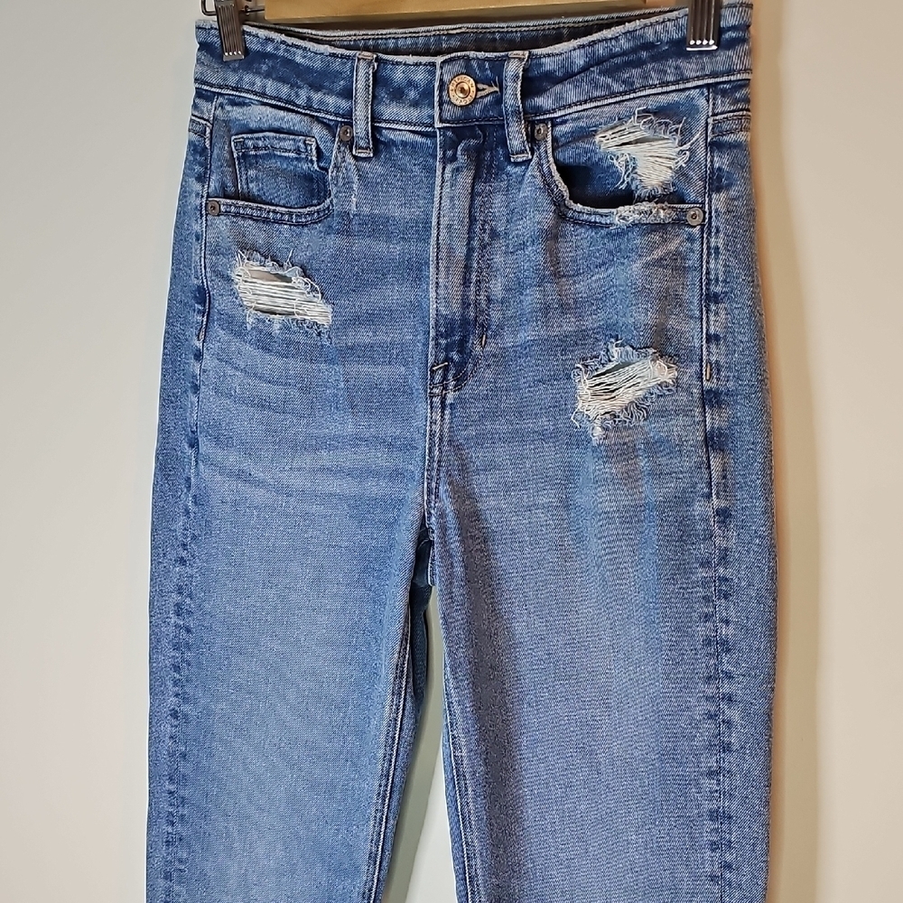 American Eagle Outfitters Size 2 Blue Distressed Style Straight Leg Mom Jeans